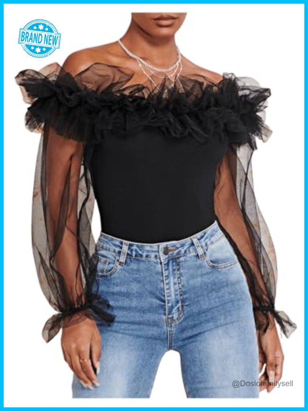 Women Ruffle Off Shoulder Blouse Mesh Puff Sleeve Party Top